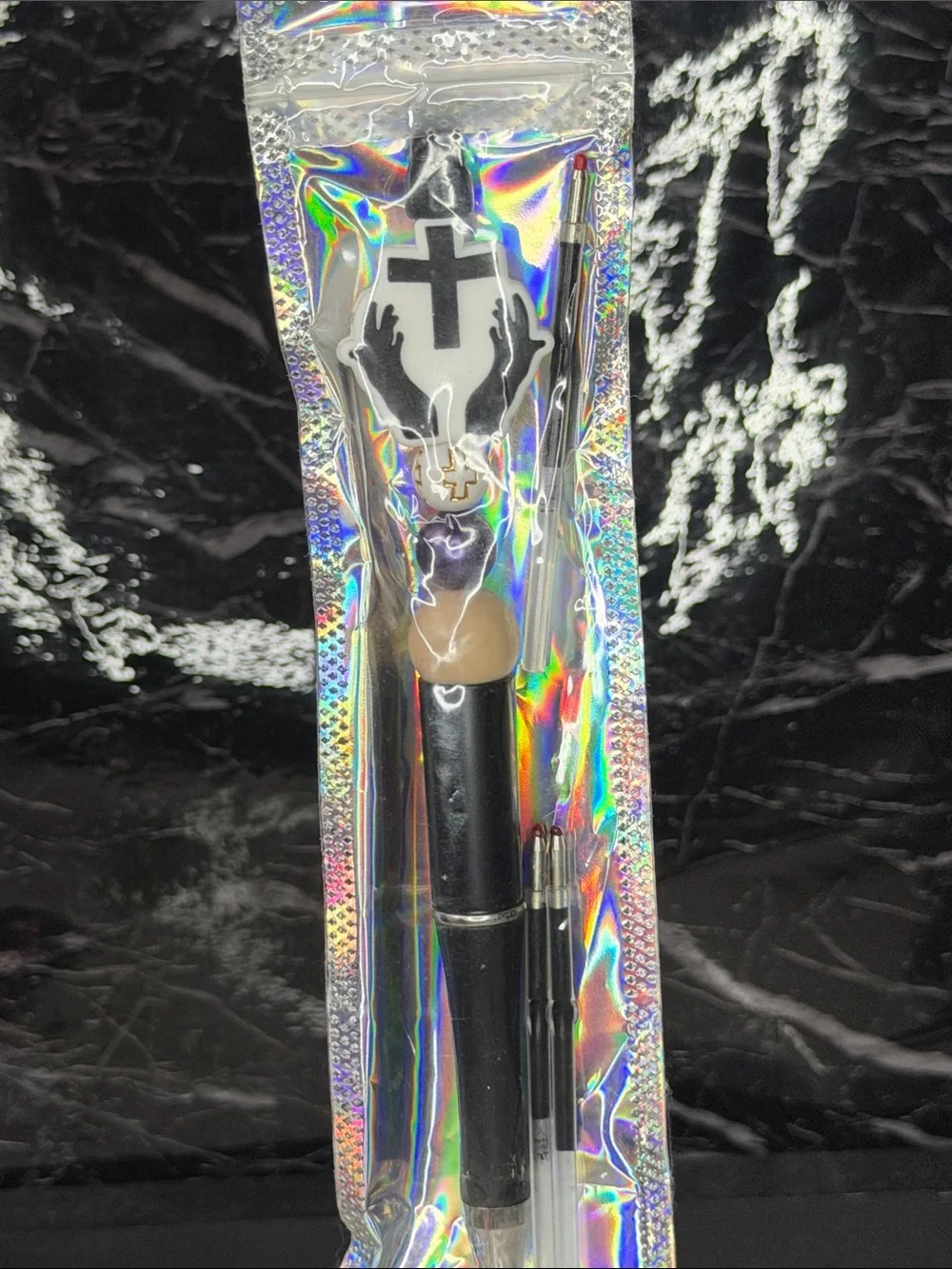 Black Cross Focal Bead Pen  Black and Blue Ink